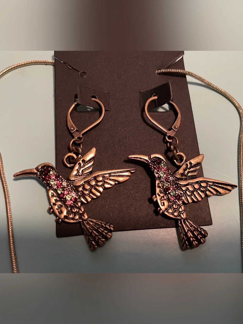 Hummingbird Necklace & Earring Set - Antique Gold Finish